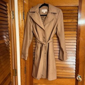 Never worn, tan, hooded, button-down warm wool jacket.